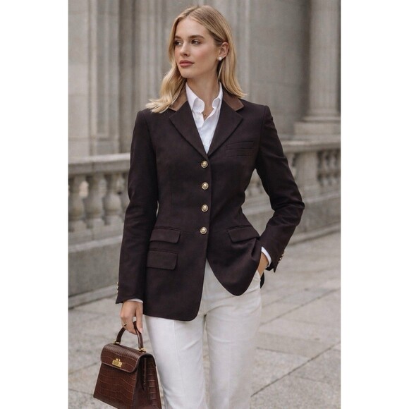 Lauren Ralph Lauren Jackets & Blazers - Lauren Ralph Lauren Brown Wool Leather Collar Horse Buttons Equestrian Blazer